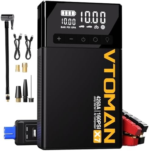 VTOMAN X7 Jump Starter with Air Compressor, 160PSI Auto-Off Tire Inflator
