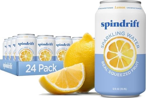 Spindrift Sparkling Water, Lemon Flavored, Made with Real Squeezed Fruit, 12 Fl Oz Cans, Pack of 24 (Only 3 Calories per Can)