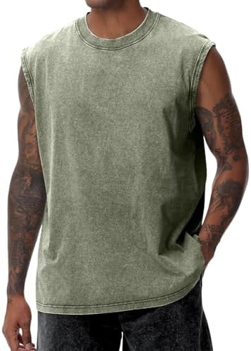 PAODIKUAI Sleeveless Shirts for Men - Sleeveless Crew Neck Casual Gym Washed T Shirt Breathable Loose Fit(Army,S)
