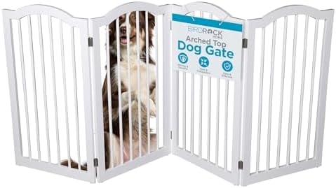 INTERNET'S BEST Arched Top Dog Gate | 4 Panel, 36" H Wooden Pet Barrier for Dogs or Cats | Freestanding Folding Room Divider for Doorways, Hallways, Stairs, and Porch | Portable, Extra Wide | White