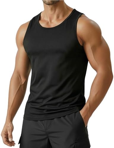 PINSPARK Mens Tank Tops Summer Quick Dry Athletic Sleeveless Shirts UPF 50+ Gym Workout Running Beach Muscle Tee Breathable Black