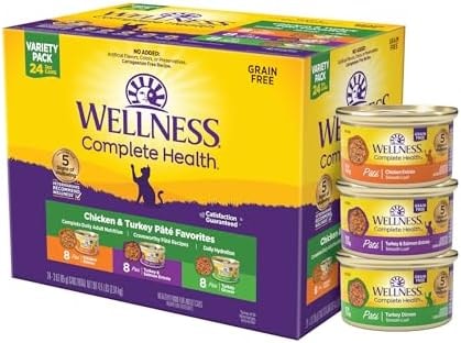 Wellness Complete Health Pate Variety Pack Adult Canned Wet Cat Food, Natural, Protein Rich, Grain Free, Chicken and Turkey Favorites, 3 oz, Pack of 24 Cans
