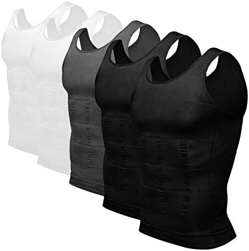 Odoland Mens 5 Pack Body Shaper Slimming Tummy Vest Compression Shirt Tank Top Shapewear, Black/Black/Grey/White/White, M
