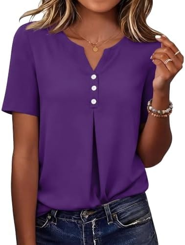Askyes Womens Tops for Summer Casual Work Cute Chiffon Tunic Tops for Women Flowy Soft 2024 Short Sleeve Tops,Purple,XL