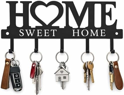 Key Holder Hooks Organizer Hanger Rack Wall Mounted Sweet Home Metal Decor Stylish and Practical for Entryway Front Door Kitchen Hallway Garage Mudroom Office 9.8inches/25cm Hardware Included Black