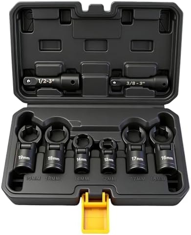 ELEAD 8-Piece Flex Head Crows Foot Wrench Set, Metric 12 14 16 17 18 19 mm with Extension Bar, 3/8" & 1/2" Drive Crowsfoot Line Wrenches Set, Access Fasteners in Tight Spaces