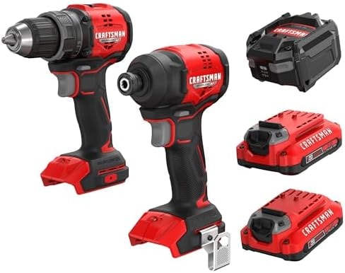 CRAFTSMAN V20 Brushless RP Drill Driver and Impact Driver Compact 2 Tool Combo Kit With 2 x 2ah Battery and Charger, 1900 RPM Power Drill, 2100 Torque Cordless Impact (CMCK1411D2)