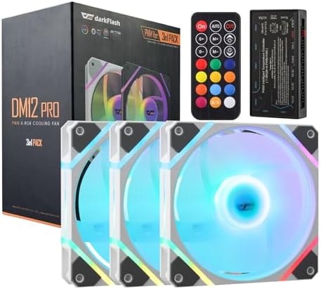 darkFlash 3-Pack 120mm PC Case Fans with Controller Hub & Remote, PWM ARGB Sync, Addressable RGB Cooling Fans for Computer Case & High Airflow(DM12PRO) (White)