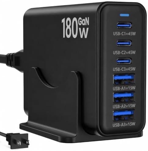 Newdarren 180W GaN Charging Station, 6 Port Desktop Charger, 3 Ports 45W