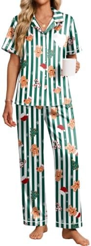 Ekouaer Women Silk Button Pajama Set Christmas Green Stripe Gingerbread M