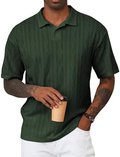 JMIERR Men's Shirts Textured Polo Shirt Lightweight Short Sleeve Casual Fashion Vintage T Shirts Button Down Knit Golf Clothes, L, Green