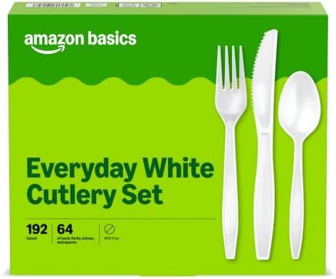 Amazon Basics Disposable Everyday White Assorted Cutlery Set, 192 Count, Combo Pack, Forks, Spoons, and Knives
