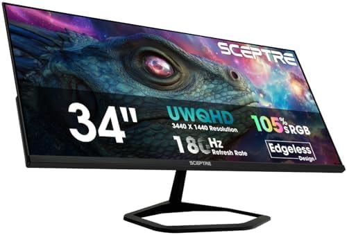 New! Sceptre 34-inch Prime Gaming Monitor 3440 x 1440 up to 180Hz DisplayPort HDMI Build-in Speakers, Machine Black 2027 (E345B-QU180D Series)