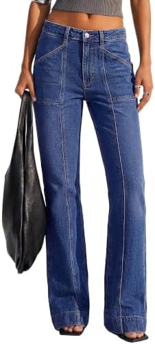 BTFBM Straight Leg Jeans for Women Stretchy Curve Appeal Pants Dark Blue