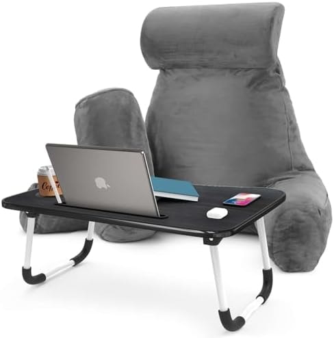 Nestl Reading Pillow with Portable Laptop Lap Desk - Shredded Memory Foam Back Support Pillow for Sitting Up in Bed and Couch Rest Pillows with Arms, Bed Tray Table with Foldable Legs, Grey