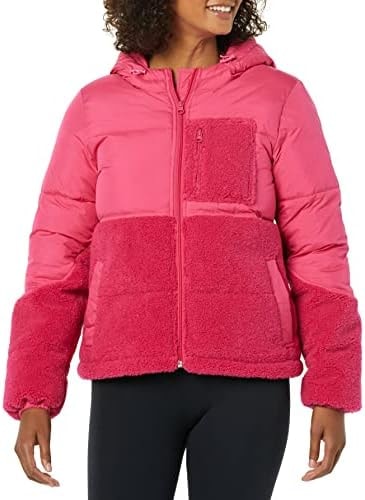 Amazon Essentials Women's Full-Zip Sherpa Fleece Hooded Puffer Jacket, Hot Pink, X-Small