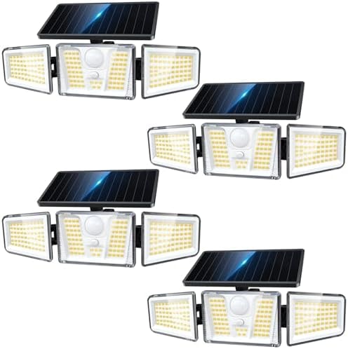 KOOPER 4 Pack Solar Flood Lights, 210 LED Motion Sensor Outdoor Lights, Solar Motion Lights Outdoor Waterproof, 3 Heads 300° Wide Angle Outdoor Security Lights for Yard Patio Garage Entryways, Black