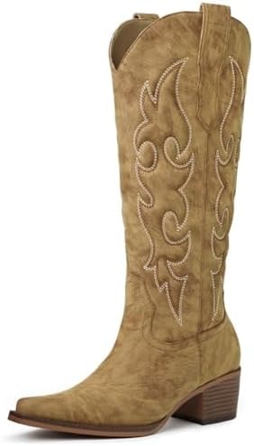 Foscape Tan Knee High Cowboy Boots for Women – Western Cowgirl Boots Embroidered Pointed Toe with Chunky Heel Side Zipper Boots for Concert Festival & Rodeo Size 8.5