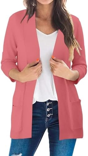 CRAZY GRID Women's Knitted 3/4 Length Sleeve Cozy Knit Sweaters Cardigan Open Front Lightweight Basic Cardigan Watermelonred Medium