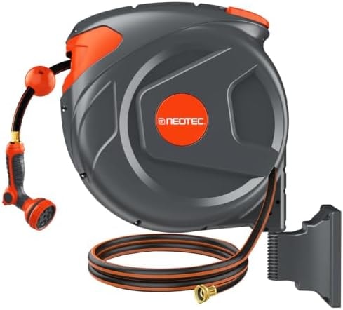 100FT Retractable Garden Hose Reel 1/2 Inch, Wall Mounted Heavy Duty Water Hose with Auto-Lock, Slow Return, 180° Swivel Bracket & 9-Pattern Spray Nozzle, UV Resistant Outdoor Hose Storage System