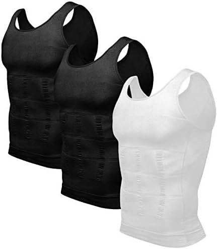 Odoland Men's 3 Pack Body Shaper Base Layer Compression Shirt Tummy Shirt, Black/Black/White, XXL