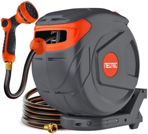 Retractable Garden Water Hose 82ft 1/2 inch, Wall Mounted Hose Reel with Automatic Rewind System, Any-Length Lock & Spray Nozzle for Efficient Yard Work