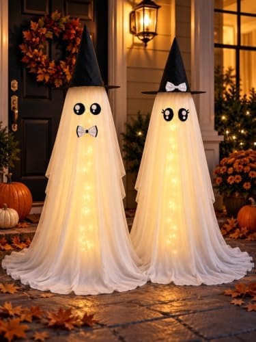 59 in Lighted Halloween Ghost Decorations Set of 2 with LED Lights, Cute Bride and Groom Ghosts for Indoor Party Home Decor