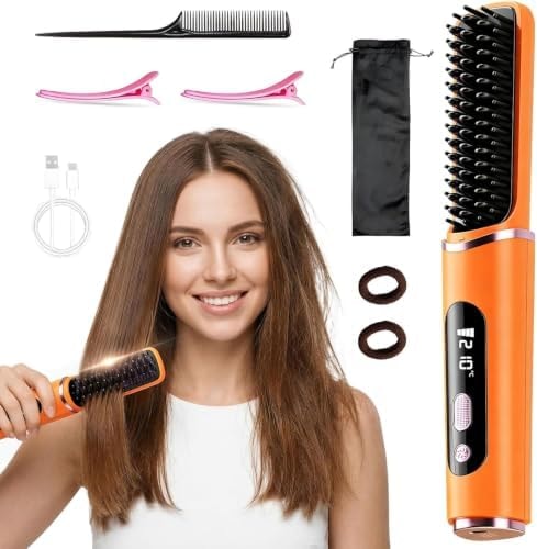 Cordless Hair Straightener Brush for Travel, 2-in-1 Mini Flat Iron with 5 Temp Settings, Digital Display & 60-Min Runtime, Anti-Scald Ceramic Coating, Portable Hot Hair Brush for Women(Orange)
