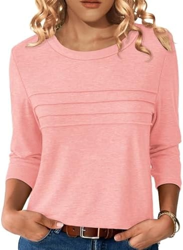 NORACORA 3/4 Sleeve Tops for Women Fall Fashion 2025 Dressy Casual Crewneck Blouses Tshirts Trendy Pleated Tunic Shirts for Leggings Dusty Pink M