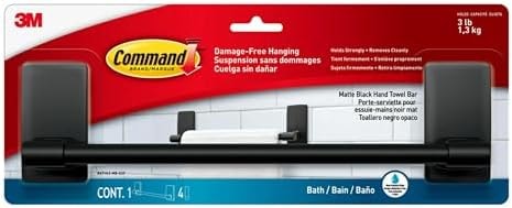 Command Hand Towel Bar Matte Black with Water Resistant Strips, Bathroom Decor, 9 in Bar Length Holds up to 3 lbs