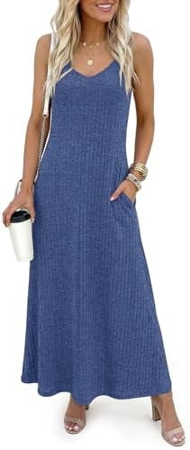 LILBETTER Women Summer Beach Casual Spaghetti Strap Maxi Dress with Pockets