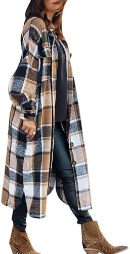 SKIKYAN Women Fall Flannel Plaid Shacket Jacket Oversized Button Down Long Shirt Jacket (Brown, Medium)