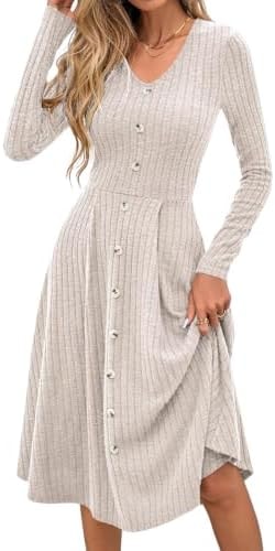 Lazysmile Long Sleeve Fall Winter Dresses for Women V Neck Button Down A Line Swing Casual Knit Sweater Dress Apricot