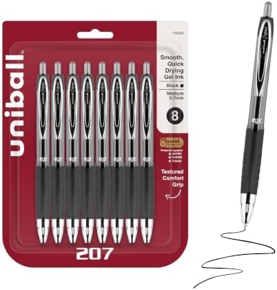 uniball™ 207 Gel Pens, Black Ink, 0.7mm Medium Point, Retractable, 8 Count