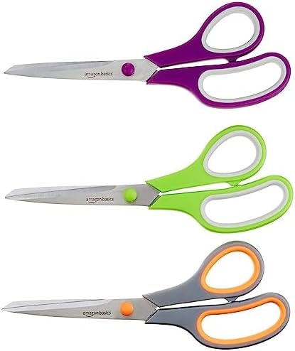 Amazon Basics Multipurpose Stainless Steel Scissors for Office, Crafts, Right/Left Handed, Comfort Grip, PVD Coated, 3-Pack, Multicolor