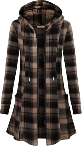 Miusey Zip Up Sweaters for Women Long Hoodies Fleece Tunic Sweatshirts Long Slevee Modern Fit Tunic Jackets for Fall and Winter Brown Plaid Medium