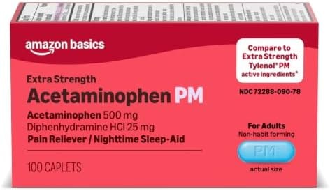 Amazon Basics Acetaminophen PM Caplets, Pain Reliever Plus Nighttime Sleep Aid, Extra Strength, Helps Occasional Minor Aches, Pains and Headache Relief, 100 Count (Previously Care)