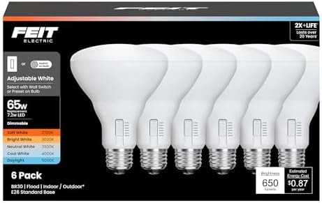 Feit Electric BR30 LED Light Bulb, 65W Equivalent, Dimmable, 650 Lumens, 5-Color Adjustable White, 90+ CRI, General Purpose Flood & Track Lighting, 25,000-Hour Lifetime, BR3065DM/6WYCA/6, 6 Pack