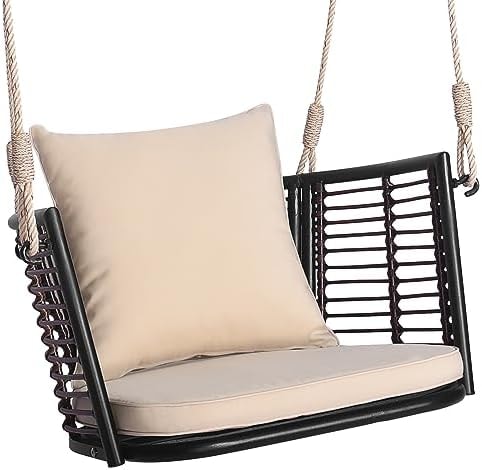 HAPPYGRILL Rattan Porch Swing Patio Hanging Chair with Seat & Back Cushion