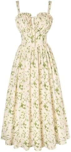 Summer Dress for Women 2026 Floral Milkmaid Sundress Midi Corset Dress Beige Green Floral M