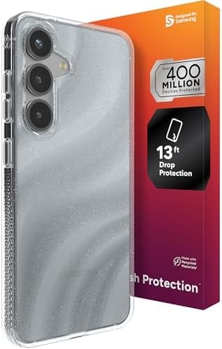 ZAGG Milan Samsung Galaxy S25 Case – Stylish & Slim Design, 13ft Drop Protection, Wireless Charging Compatible, Eco-Friendly,Glitter Swirl Silver