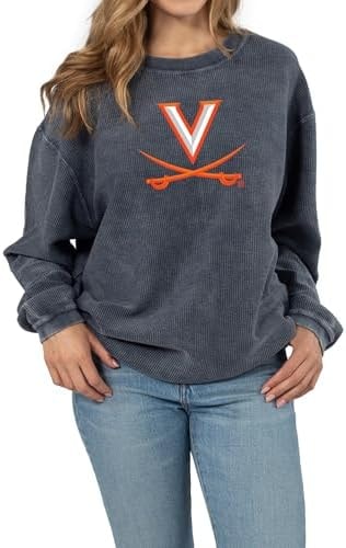 chicka-d Women's Oversized Original Corded Crew Fleece Sweatshirt NCAA Primary Team Icon Team Color, Virginia Cavaliers, Navy, X-Large
