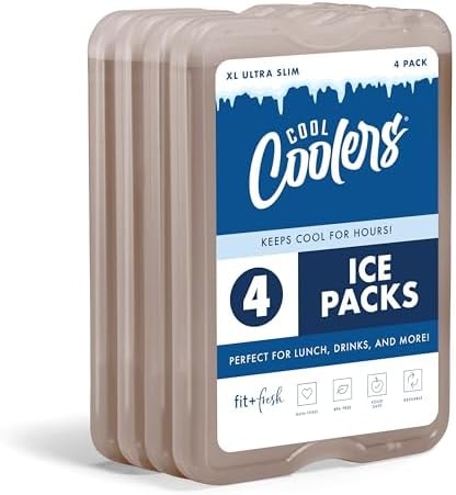 Cool Coolers by Fit & Fresh XL Slim Ice Packs, Quick Freeze Reusable Ice Packs for Lunch Boxes & Coolers, Long-Lasting, Space Saving Cooler Ice Packs, Taupe, 4Pk