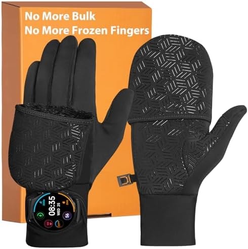 RIGWARL Winter Running Gloves for Men Women, Touchscreen Warm Gloves Convertible Mittens with Watch Window, Anti-Slip Winter Thermal Glove for Men Women Cold Weather Jogging Hiking Cycling Dog Walking