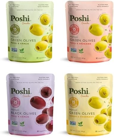 POSHI Pitted Olive Snack Packs, 4-Flavor Variety, 1.1 oz (Pack of 24)