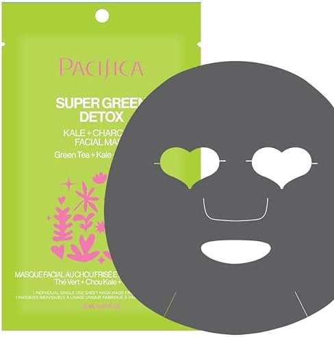 Pacifica Super Green Detox Sheet Mask – Charcoal, Kale & Clay Pore Cleansing Mask for Oily, Blemish-Prone Skin, Deep Detox Facial Mask, Vegan