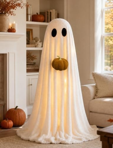 Halloween Decorations Indoor 3.6FT Light-Up Sherpa Ghost with Pumpkin