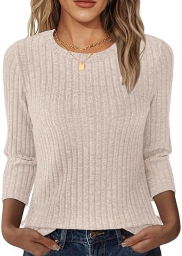 NORACORA Womens 3/4 Sleeve Sweater Tops Round Neck Loose Fit Tunic Blouses Dressy Pullover Shirts for Business Casual Work Summer Fall Fashion Apricot XL