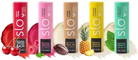 Slo | Natural Lip Balm - All Natural Ingredients, Vegan & Cruelty Free, Hydrating & Soothing, Plastic Free, Paper Packaging | 5 pack one of each flavour (5 x 0.28oz/8g)