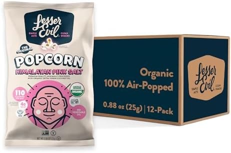LesserEvil Himalayan Pink Salt Organic Popcorn, Premium Quality, Minimally Processed, No Vegetable Oil, 0.46 Oz, Pack of 24